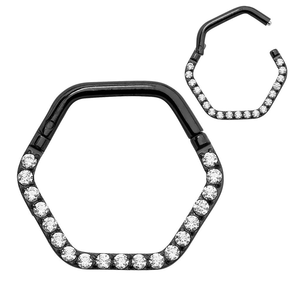 2pcs Titanium Hexagonal Gem Hinged Hoop Segment Ring Earrings - PFGWholesale