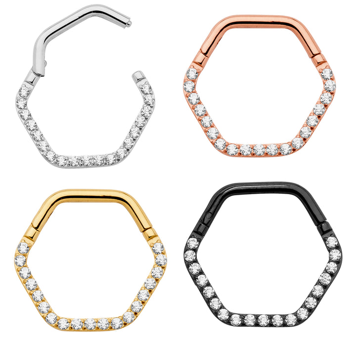 1 Piece 16G Titanium Hexagonal Gem Hinged Hoop Segment Septum Nose Ring Piercing Earring 8mm 10mm