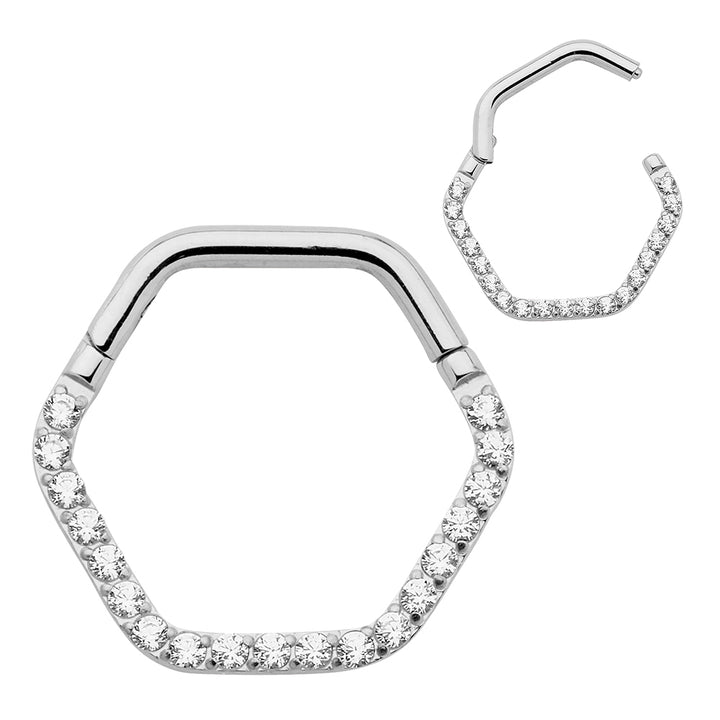 2pcs Titanium Hexagonal Gem Hinged Hoop Segment Ring Earrings - PFGWholesale