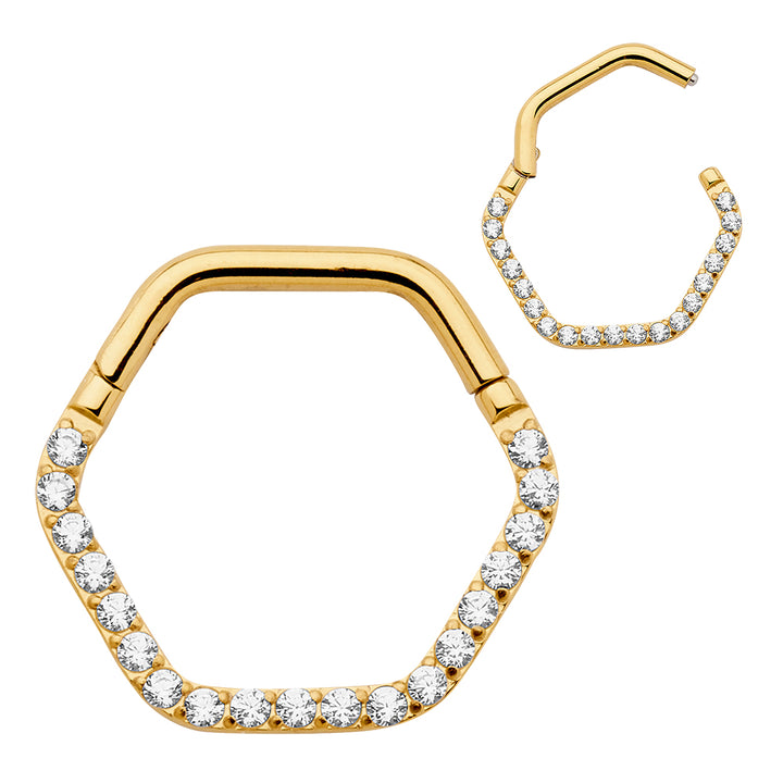 2pcs Titanium Hexagonal Gem Hinged Hoop Segment Ring Earrings - PFGWholesale