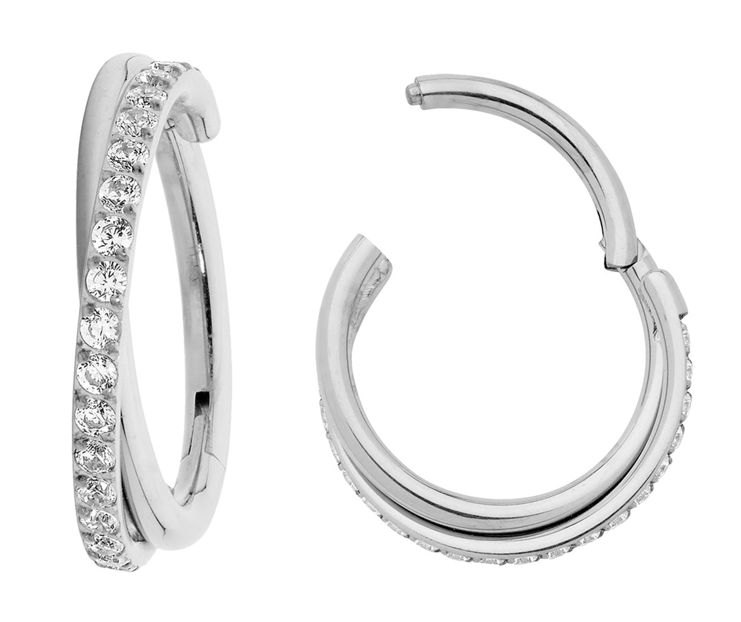 2pcs Titanium Twist Gem Hinged Hoop Segment Ring Earrings - PFGWholesale