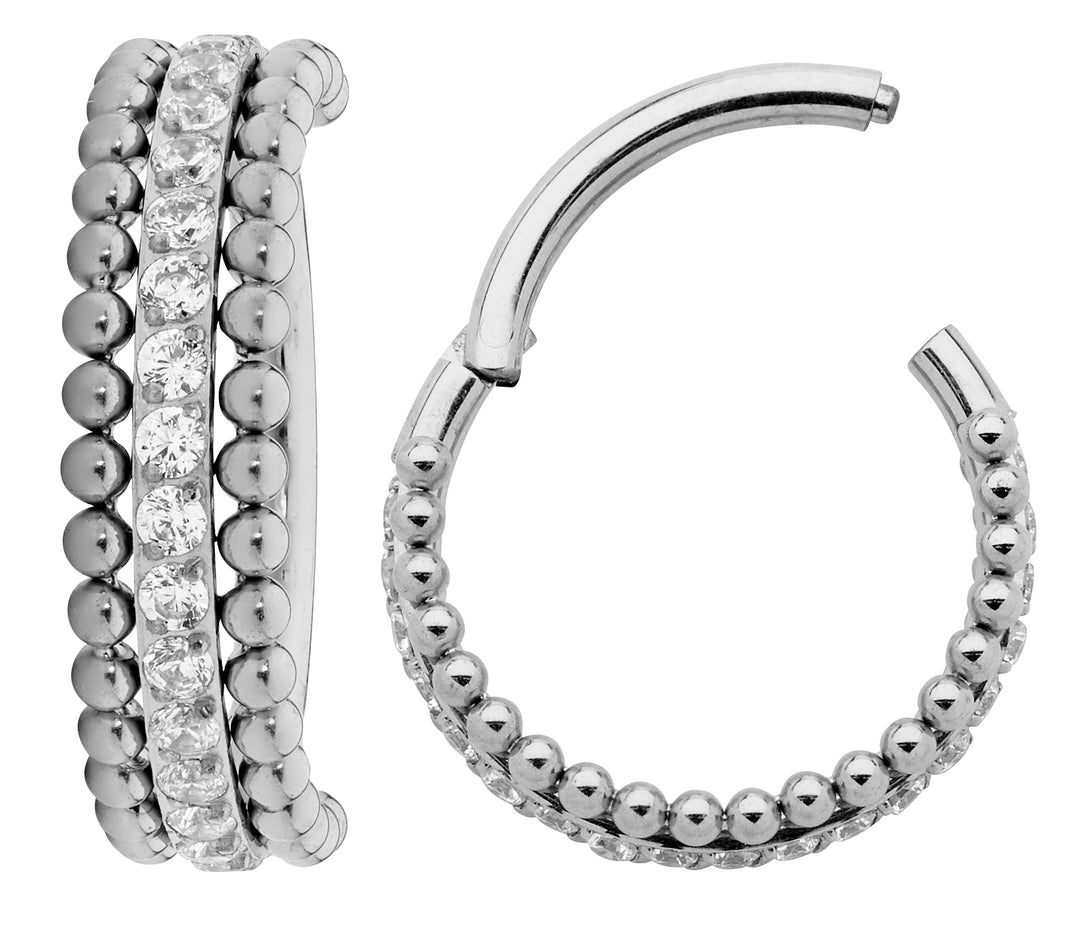 2pcs Titanium Triple-Row Gem Hinged Hoop Segment Ring Earrings - PFGWholesale