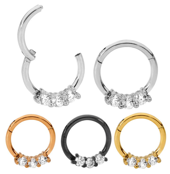 1 Pair 16G Stainless Steel 3 Gem Hinged Hoop Segment Rings Sleeper Earrings 8mm 10mm