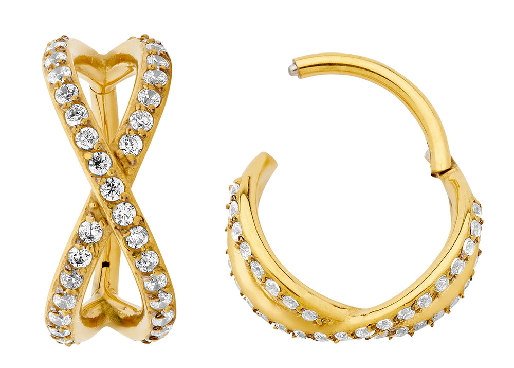 2pcs Surgical Steel Crossover Gem Hinged Hoop Segment Ring Earrings - PFGWholesale