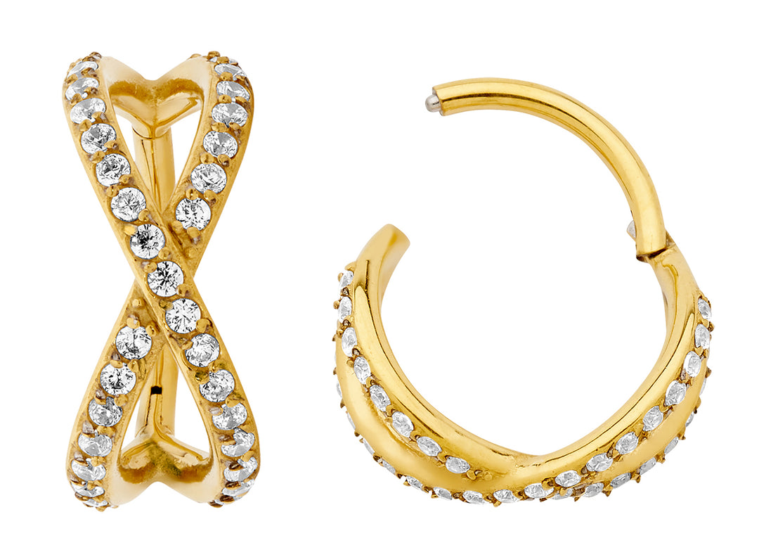 2pcs Surgical Steel Crossover Gem Hinged Hoop Segment Ring Earrings - PFGWholesale