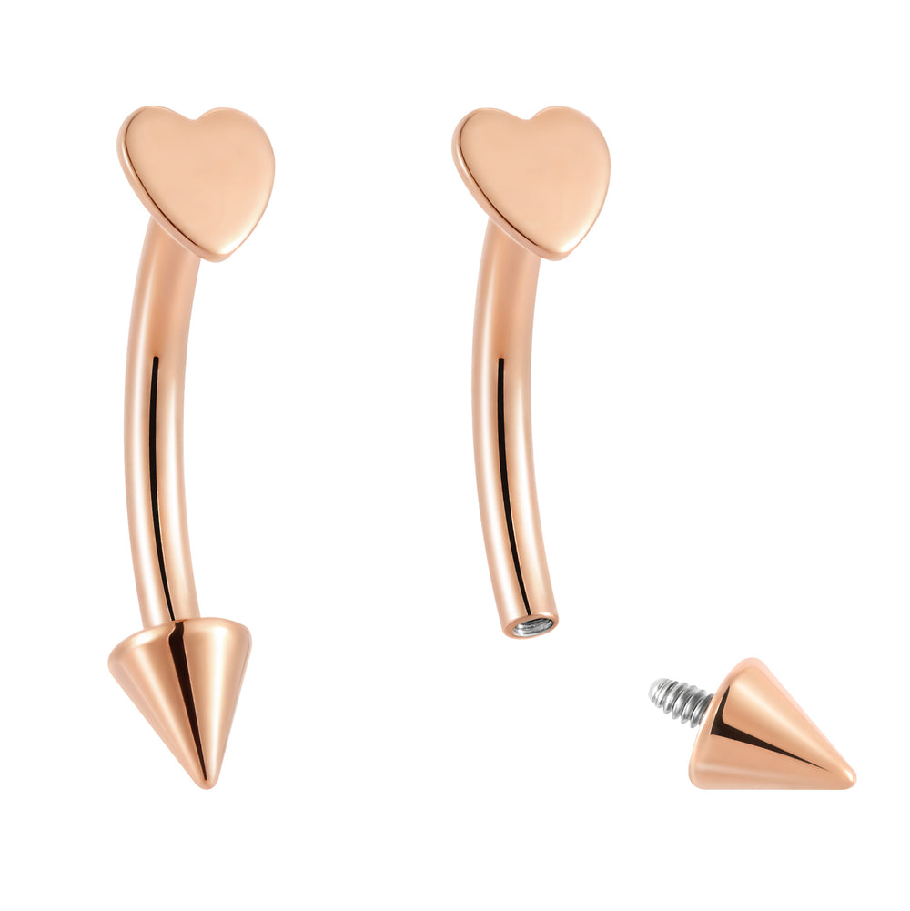 2 Pieces G23 Titanium 16G Internally Threaded Curved Heart Spike Barbell Tongue Nipple Ear Bar Piercing 8mm - PFGWholesale