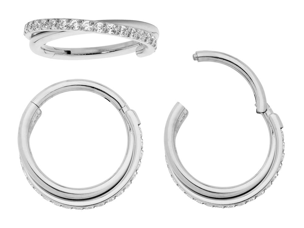1 Pair Titanium Double Twist Gem Hinged Segment Ring - 16G - PFGWholesale
