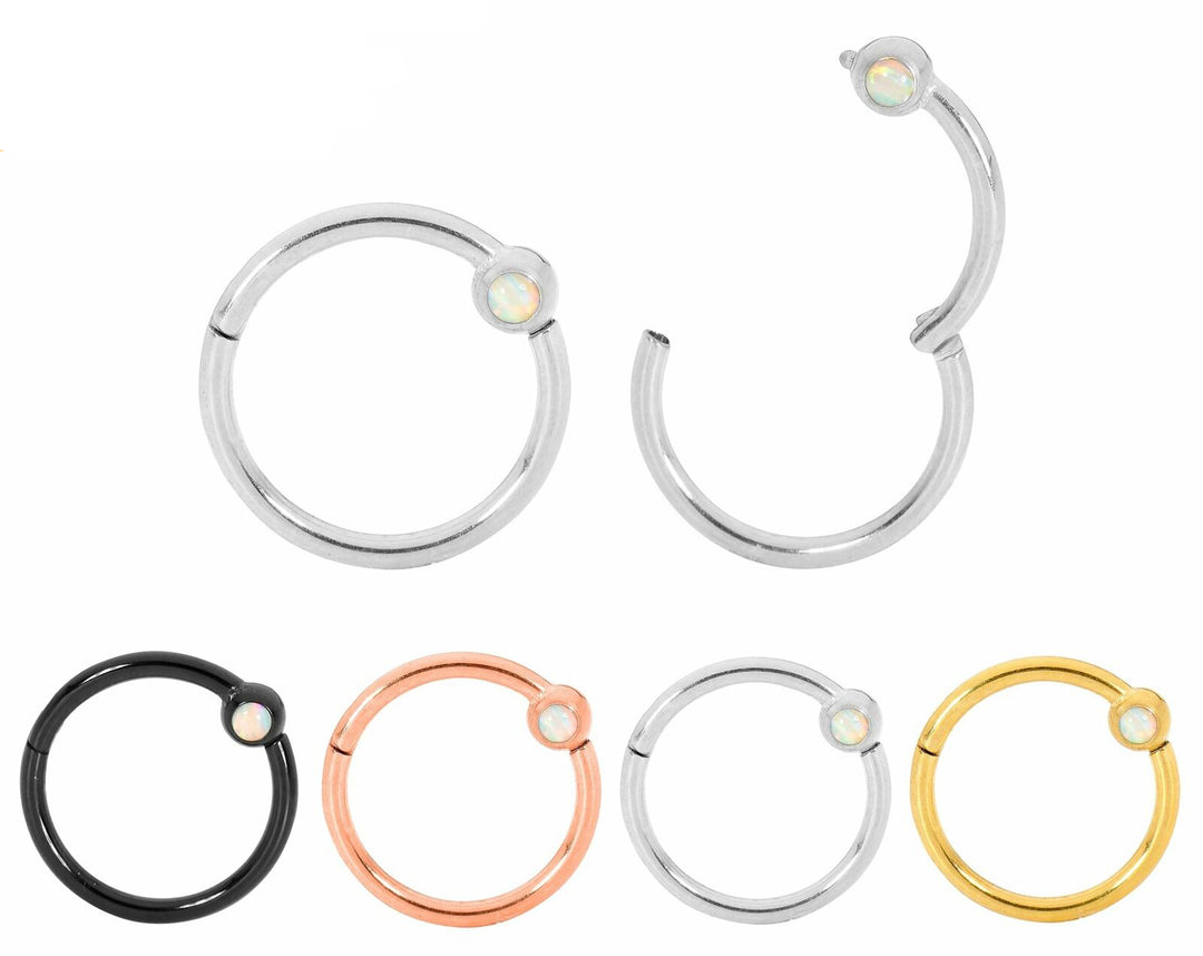 Pair 16G Stainless Steel Opal Hinged Segment Rings Sleeper